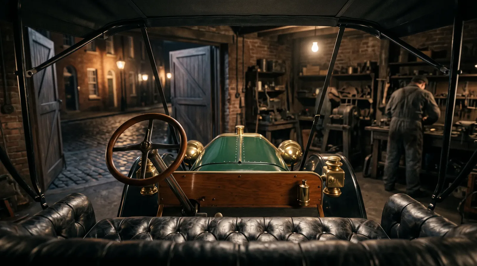 1909 Ford Model T touring car, seen from the rear seat at night