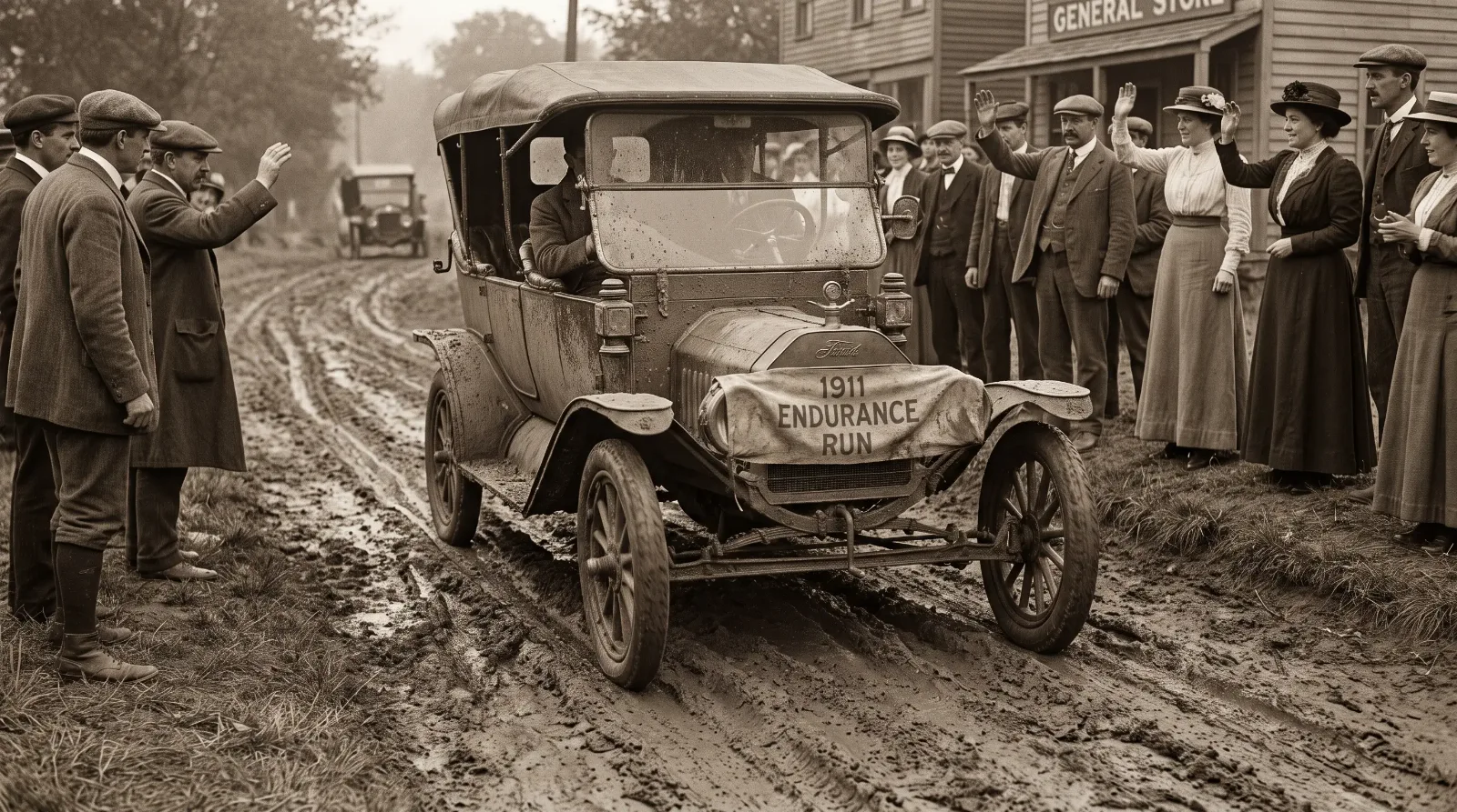 Mud-splattered touring car on an endurance run