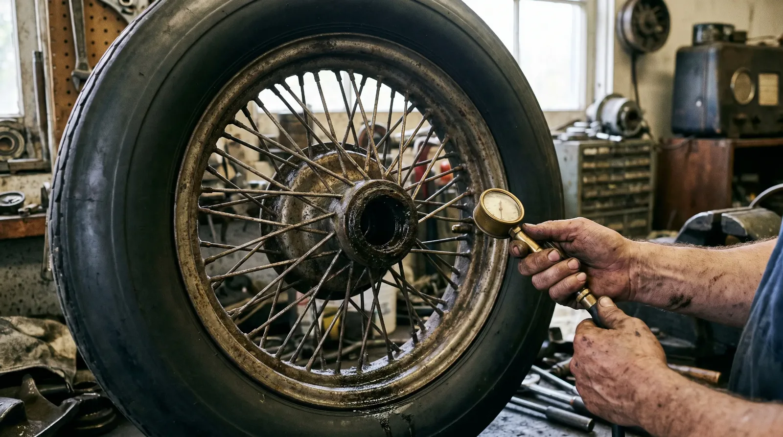 Mechanic checking pressure on a 1920s balloon tire