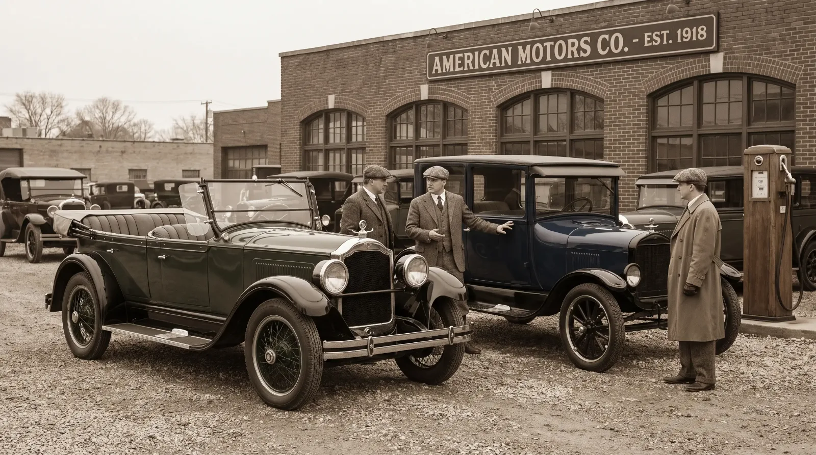 1920s dealer lot with open roadster beside closed sedan