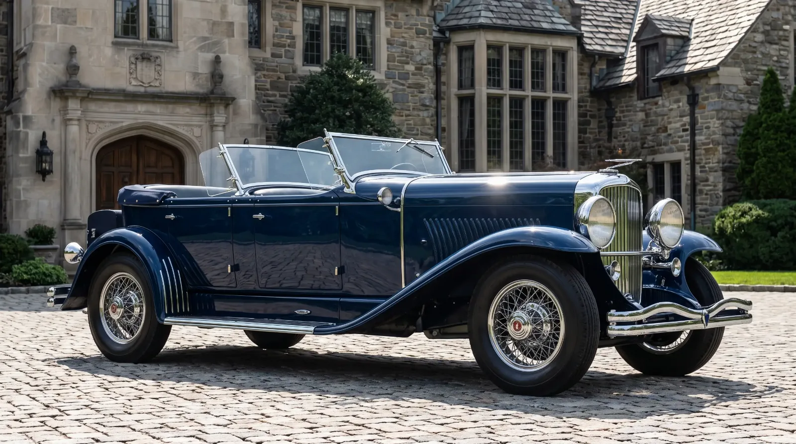 1929 dual-cowl phaeton, twin windshields, showroom setting