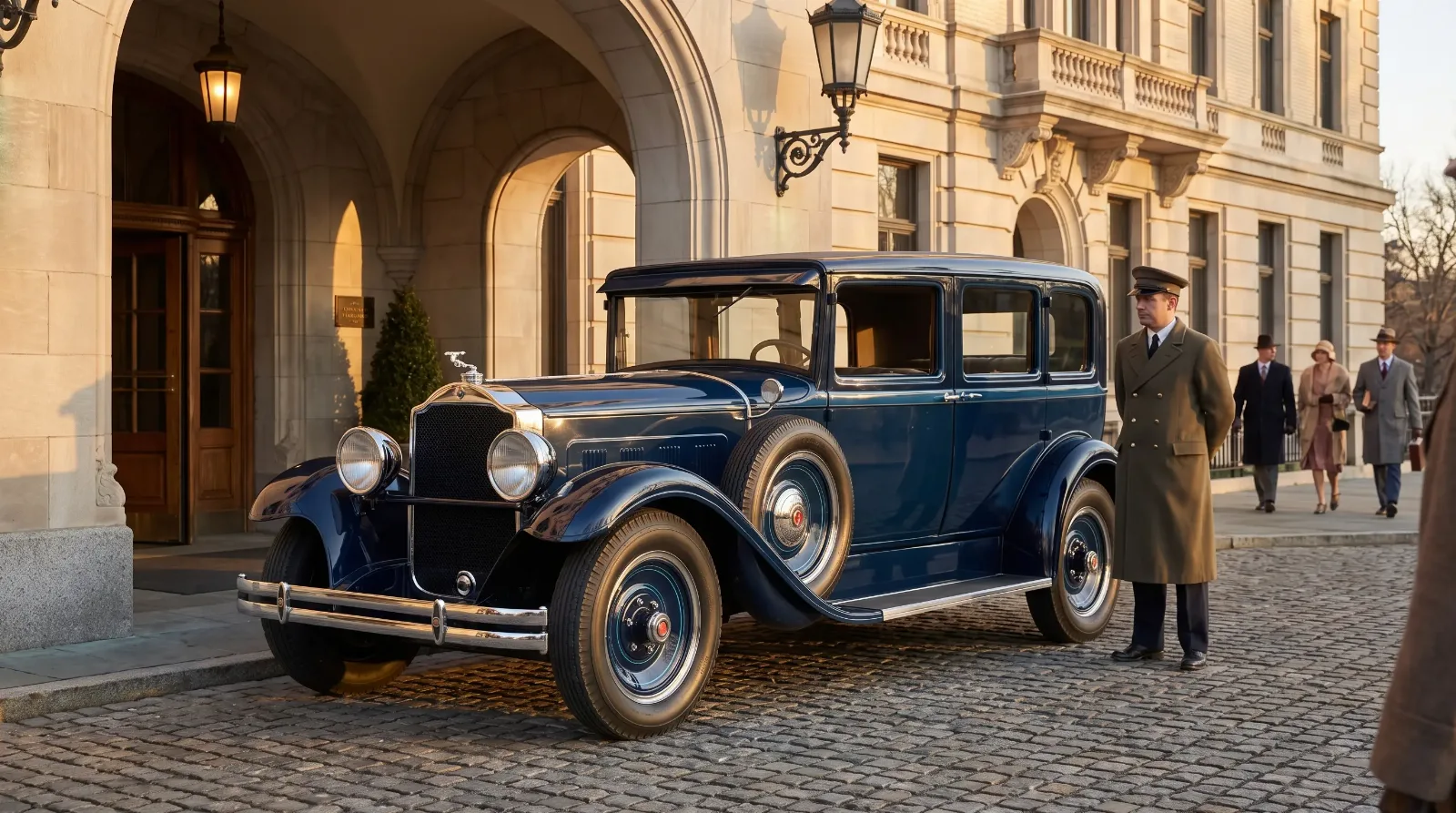 1920s Packard luxury sedan outside grand hotel