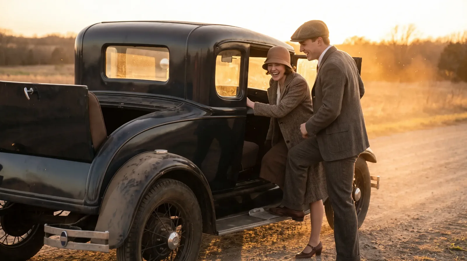 1920s coupe with rumble seat open at dusk