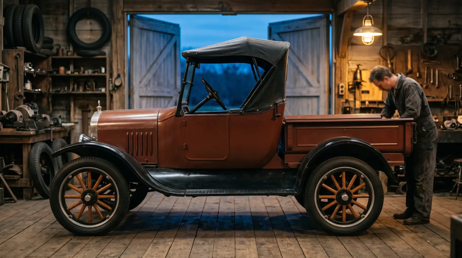 1927 Ford Model T Runabout Pickup in Phoenix Brown, in a country garage