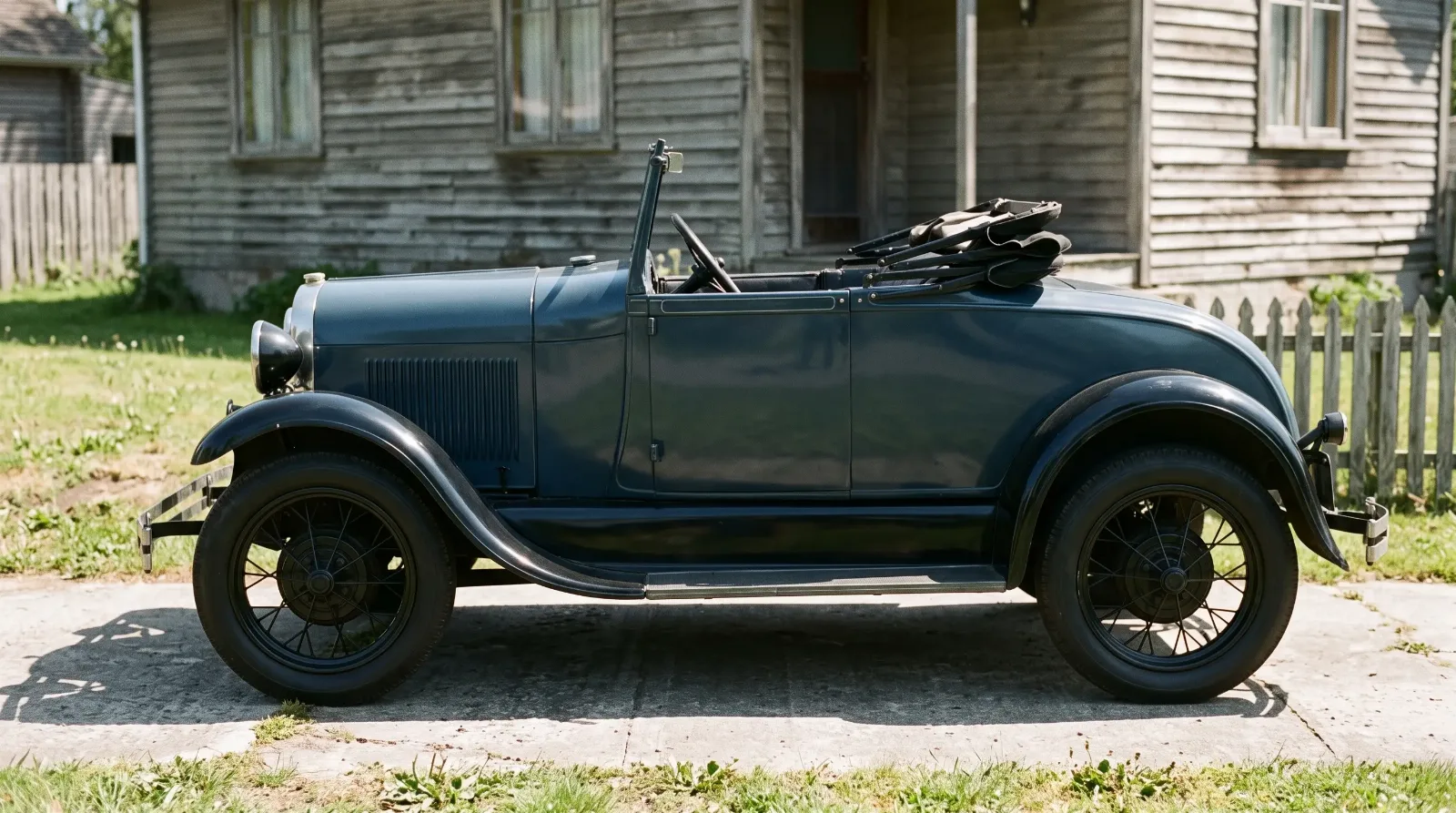 1928 Ford Model A roadster in side profile on a sunny driveway