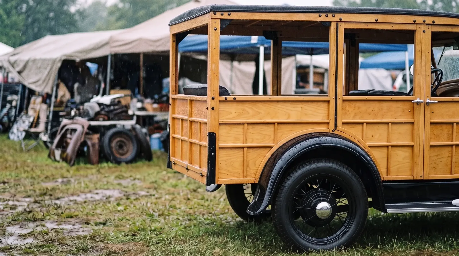 1929 Ford Model A station wagon, maple body in the rain at a swap meet
