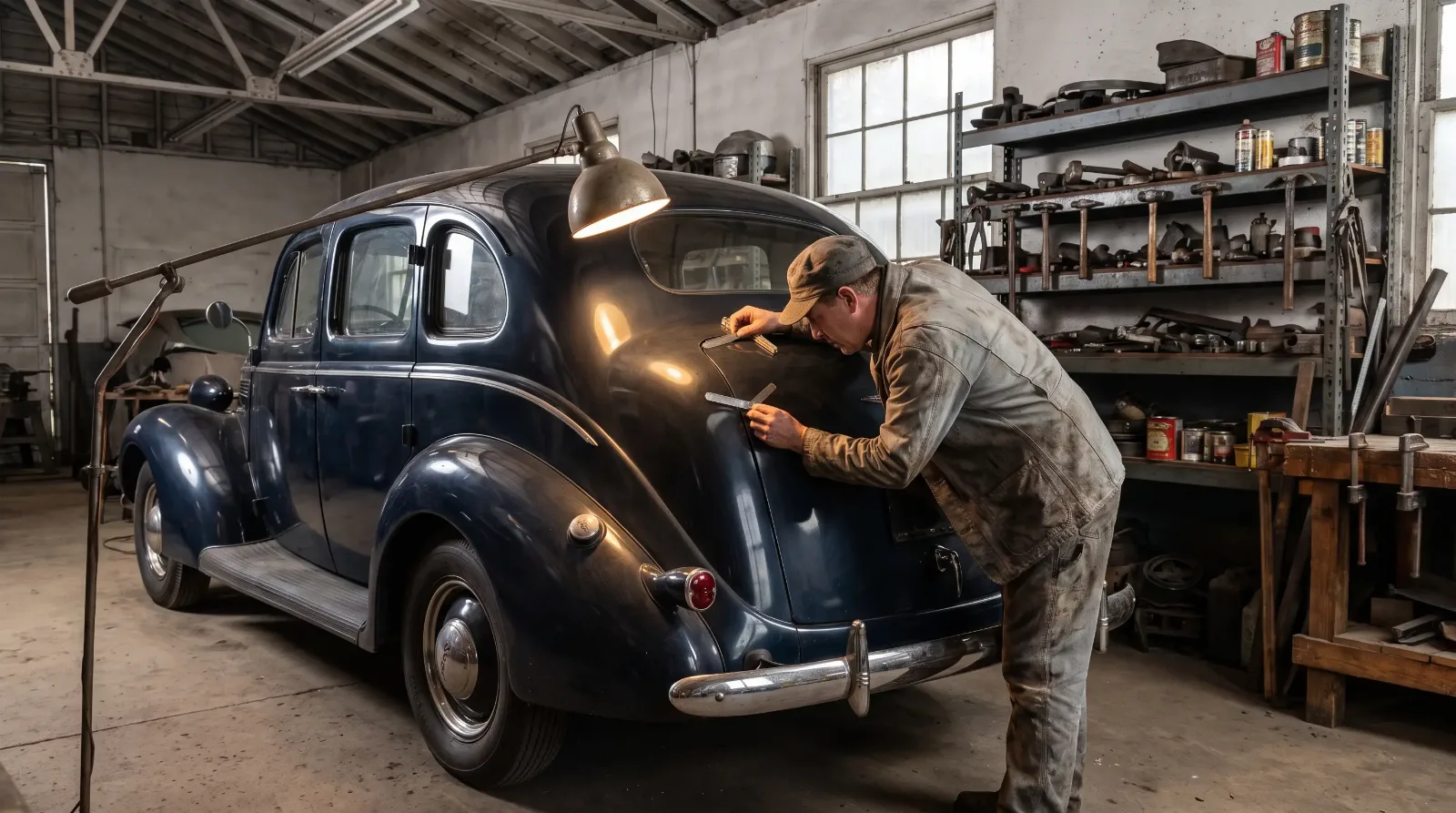 1930s sedan trunk panel fitting in restoration shop