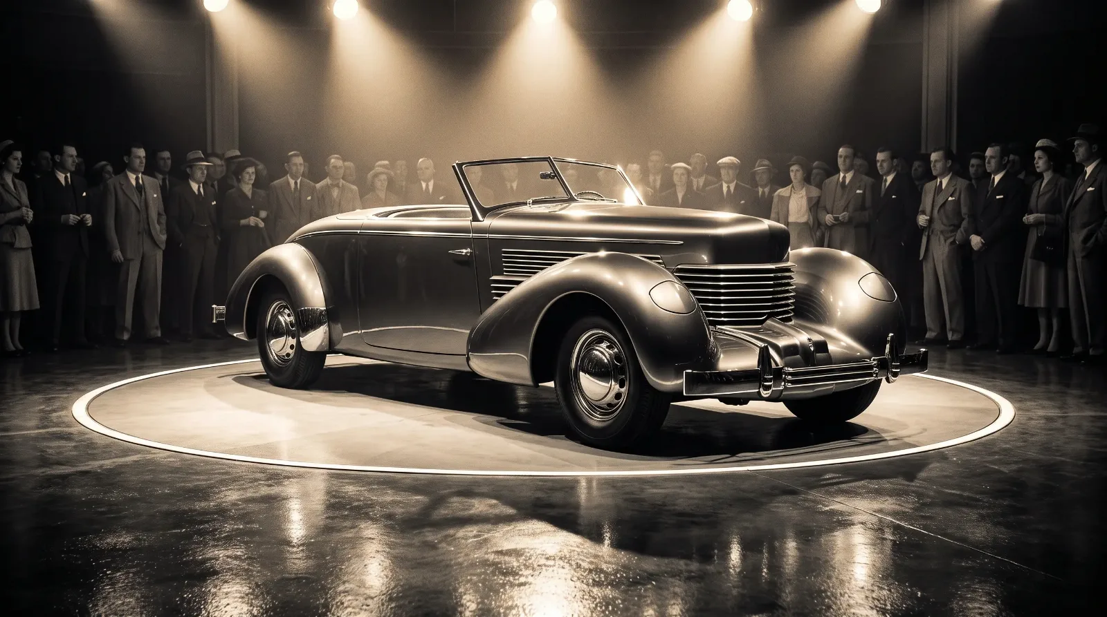 1938 concept car on a rotating showroom pedestal