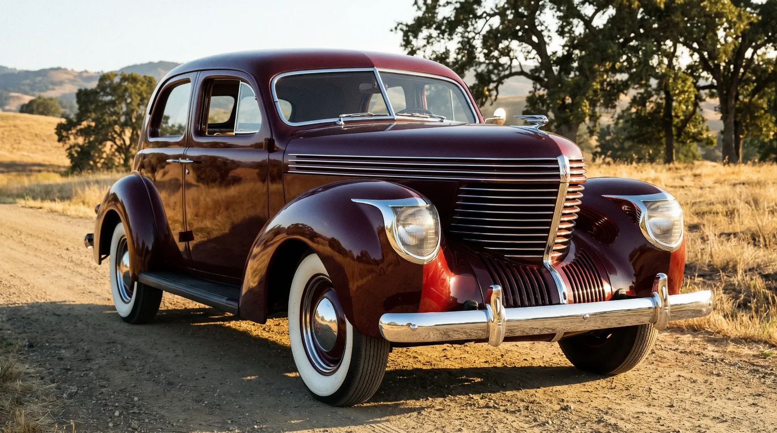 Late 1930s fender-integrated headlight in raking sunlight