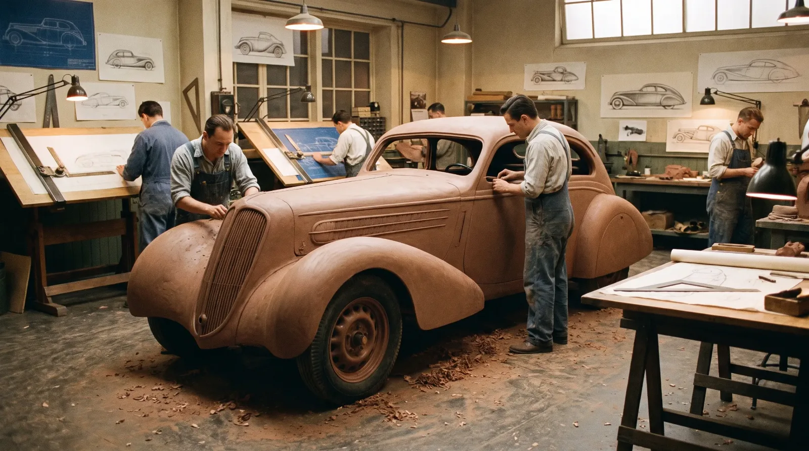 1930s design studio sculpting a streamlined clay body