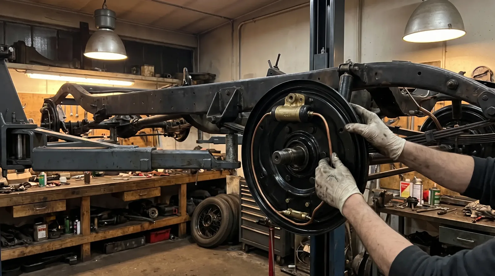 Mechanic fitting hydraulic wheel cylinder on 1930s chassis