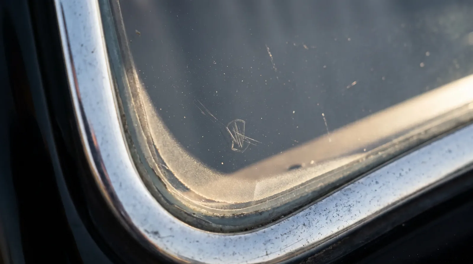 Etched maker's mark in the corner of a 1930s windshield