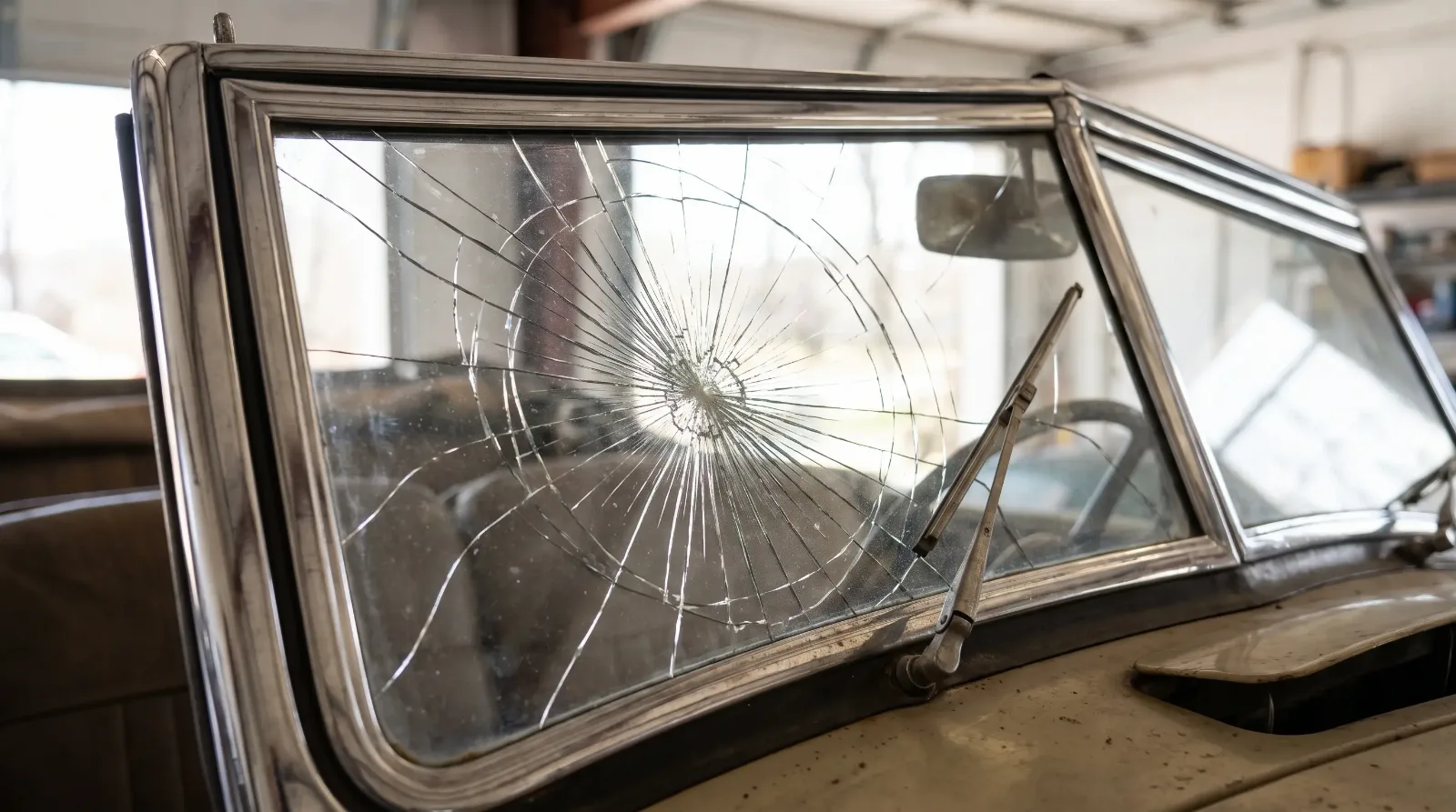 Cracked laminated safety glass windshield on a 1930s car