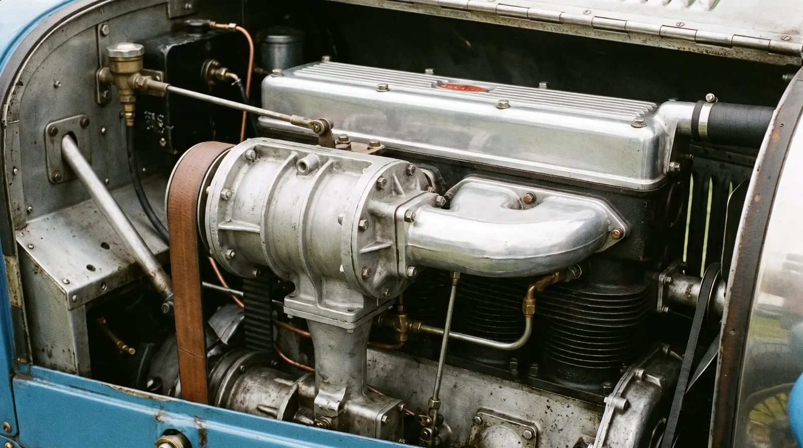 Roots-type supercharger mounted on a 1930s straight-eight