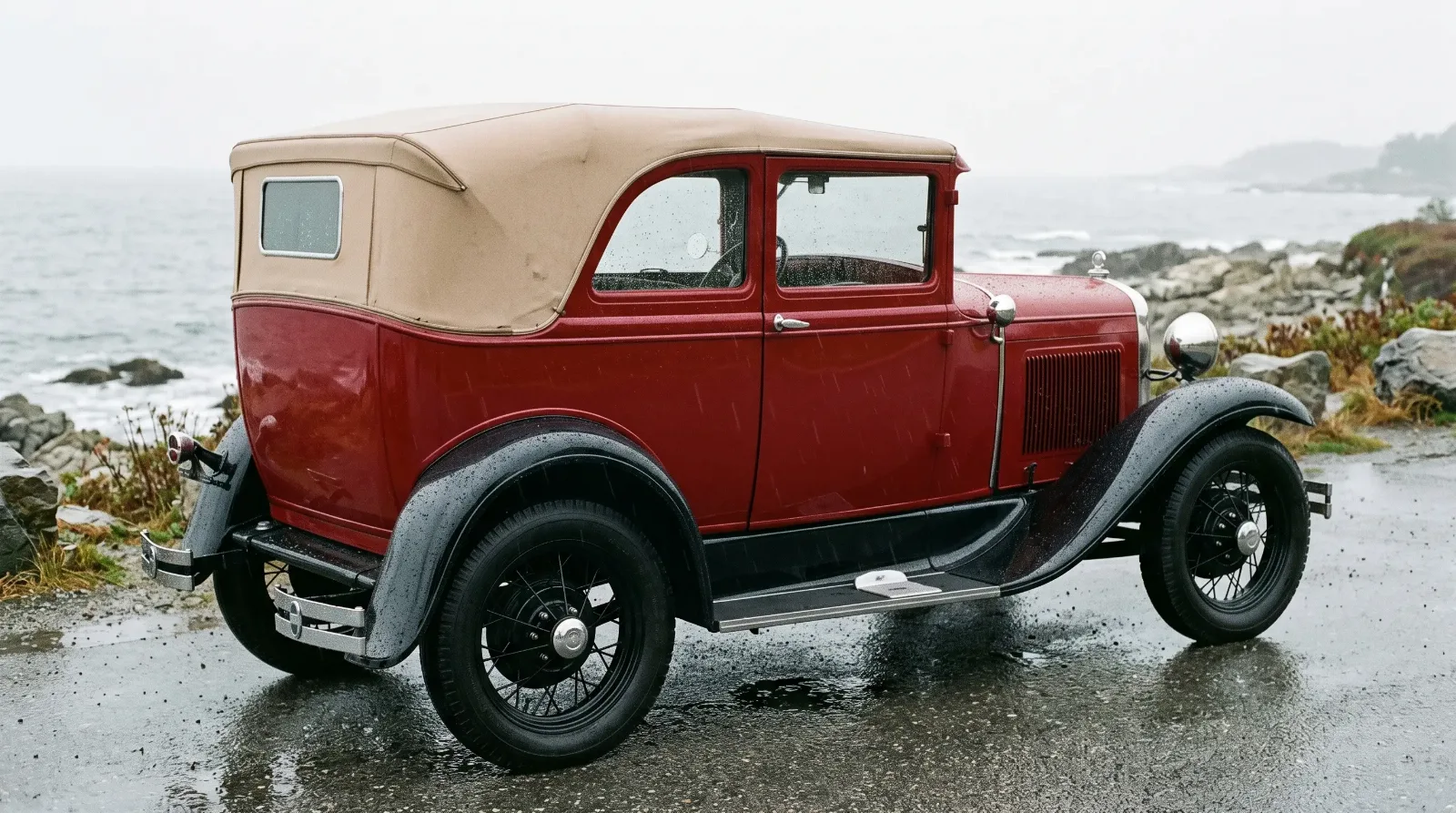 1931 Ford Model A Convertible Sedan, wet coast road in rain