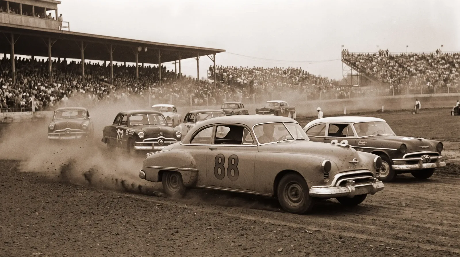 1949 Oldsmobile 88 - dirt track NASCAR racing action