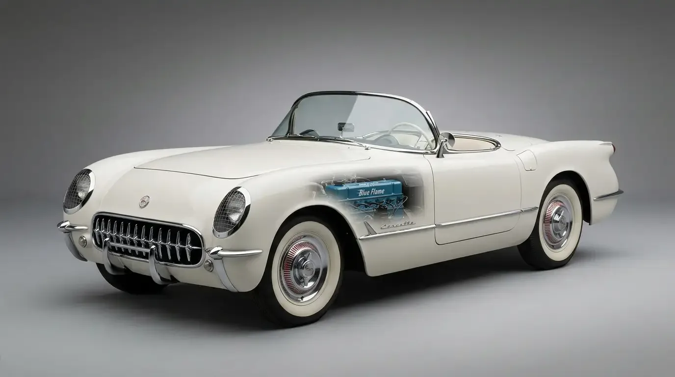 1953 Chevrolet Corvette in Polo White — studio three-quarter front view of the first production year