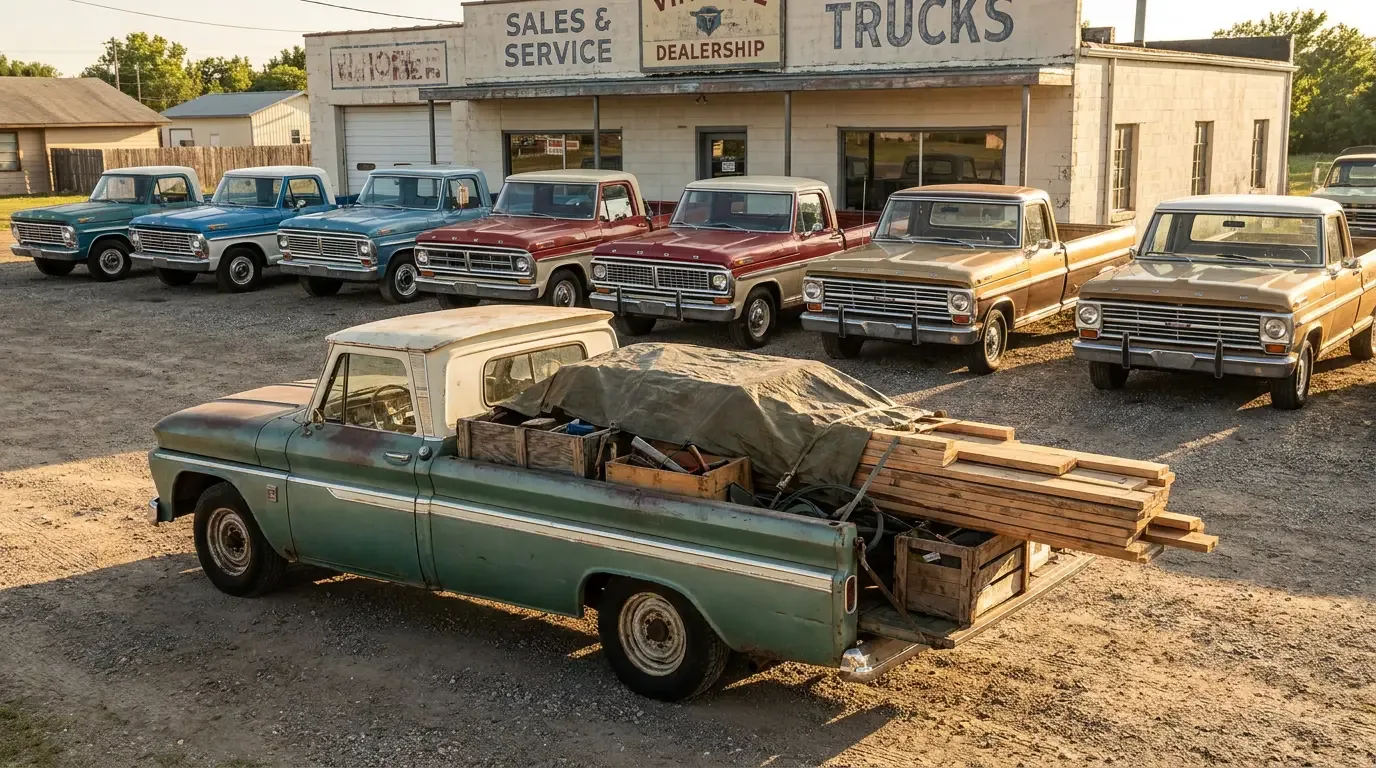 A loaded 1960s work pickup on a dealer lot with a row of classic pickups behind it, evoking the era's payload and horsepower rivalry
