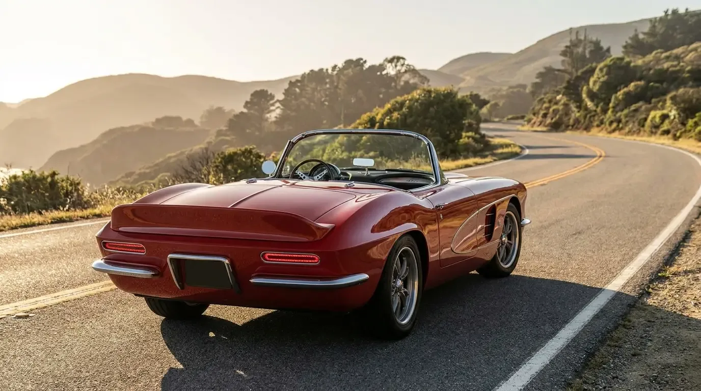 1962 Chevrolet Corvette C1 in Roman Red showing the clean duck-tail rear end restyle with no chrome cove trim and inboard horizontal taillights