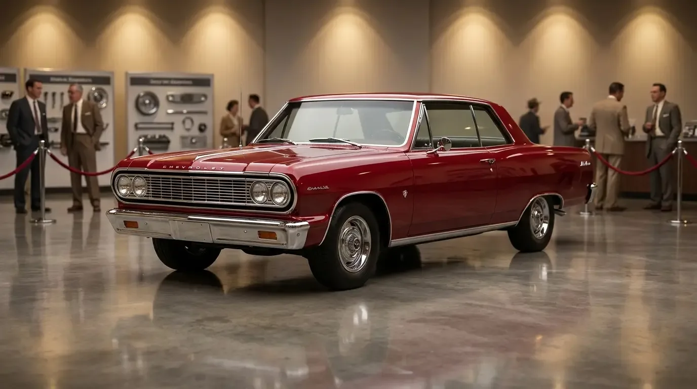1964 Chevrolet Chevelle Malibu coupe on showroom floor at dealership press preview