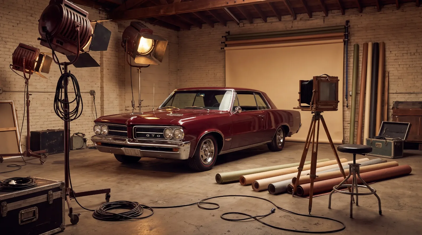 1964 GTO in vintage magazine photo studio setup
