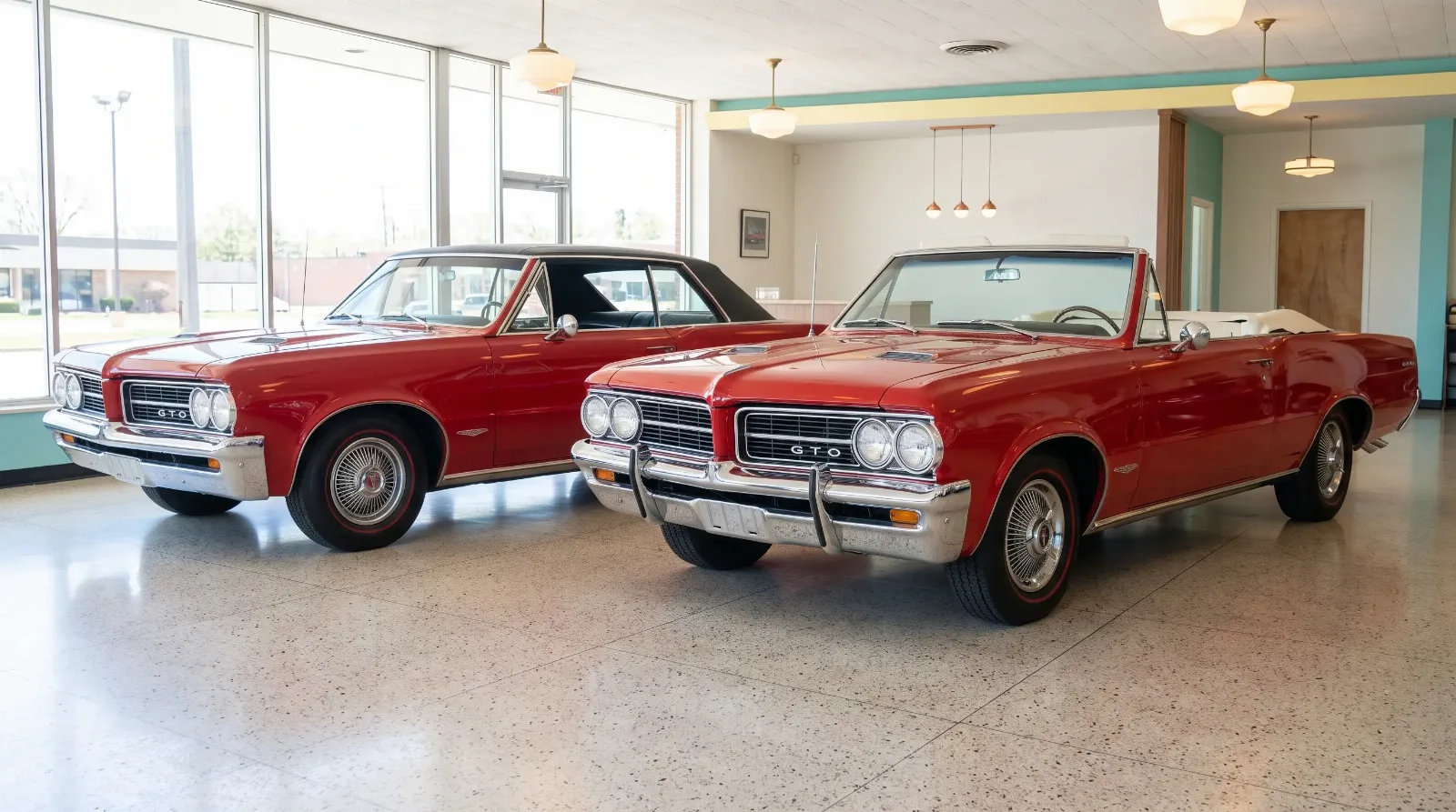 1964 GTO hardtop and convertible in showroom