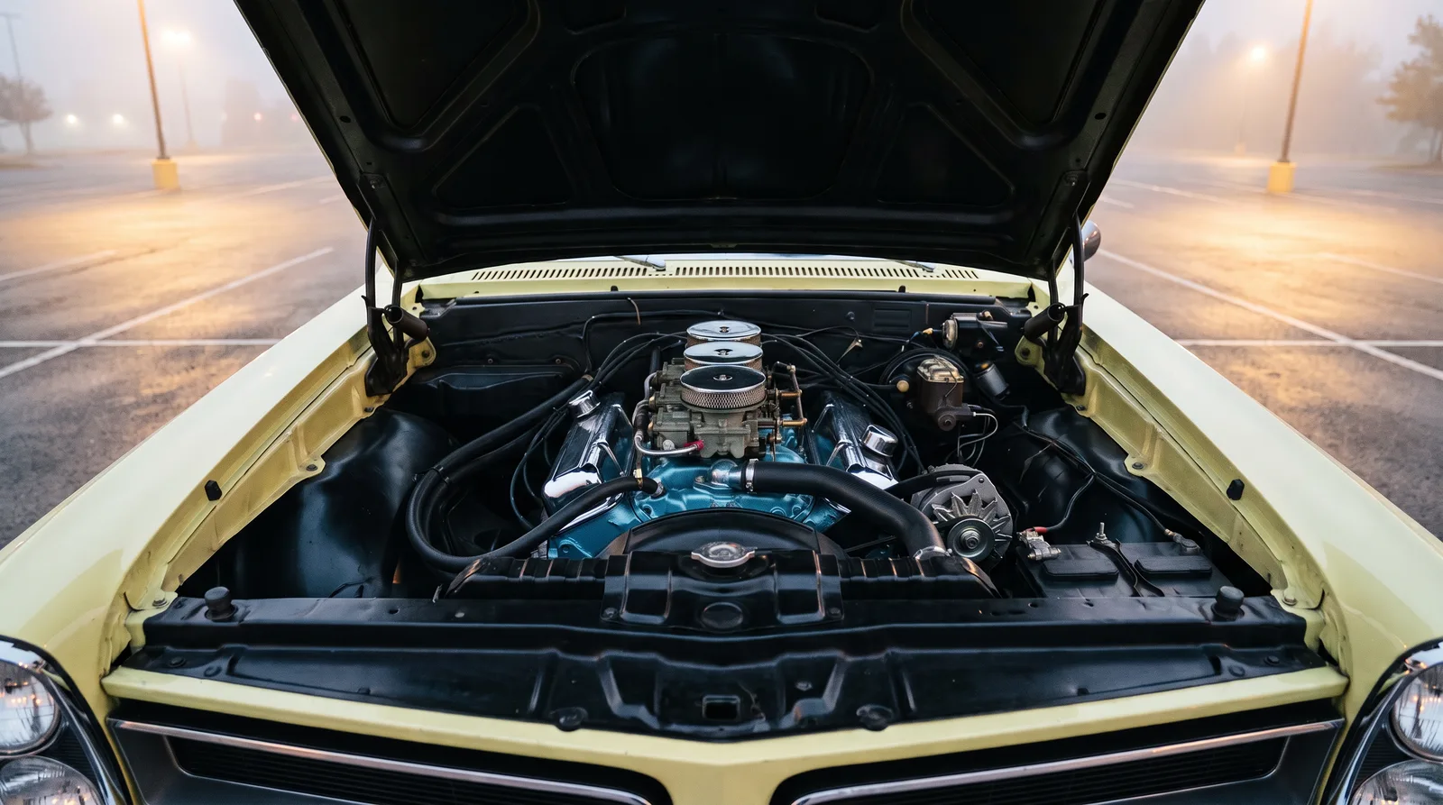 1965 Pontiac GTO 389 Tri-Power, hood up in a misty dawn parking lot