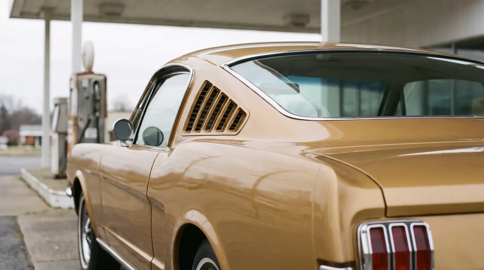 1965 Ford Mustang 2+2 fastback, louvered roof at a gas station