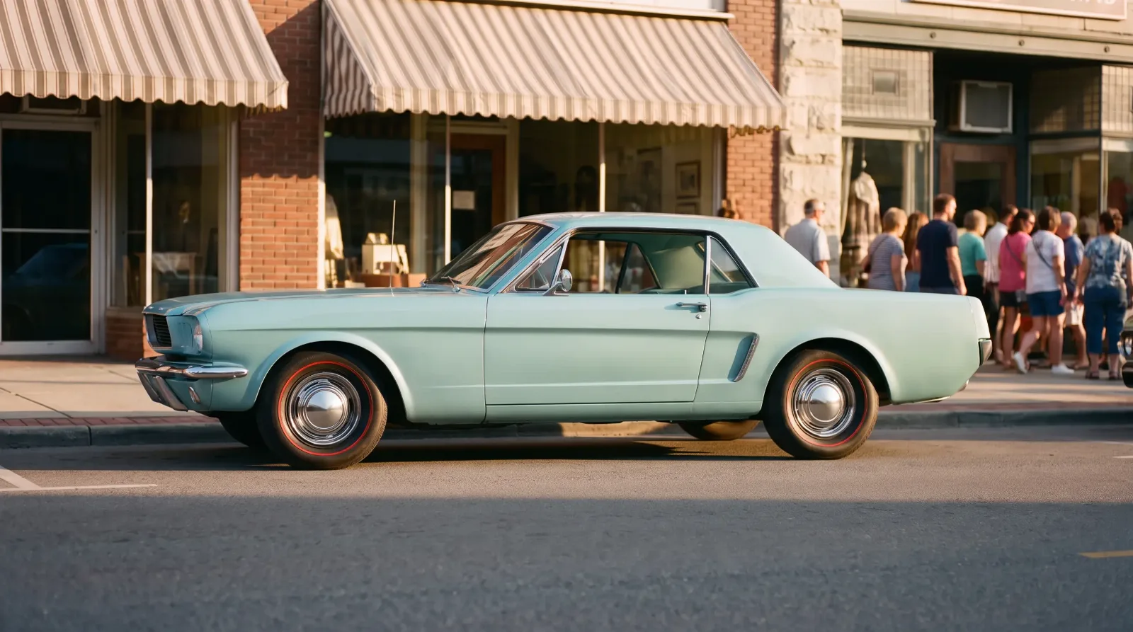 1965 Ford Mustang hardtop, parked on a downtown street at golden hour