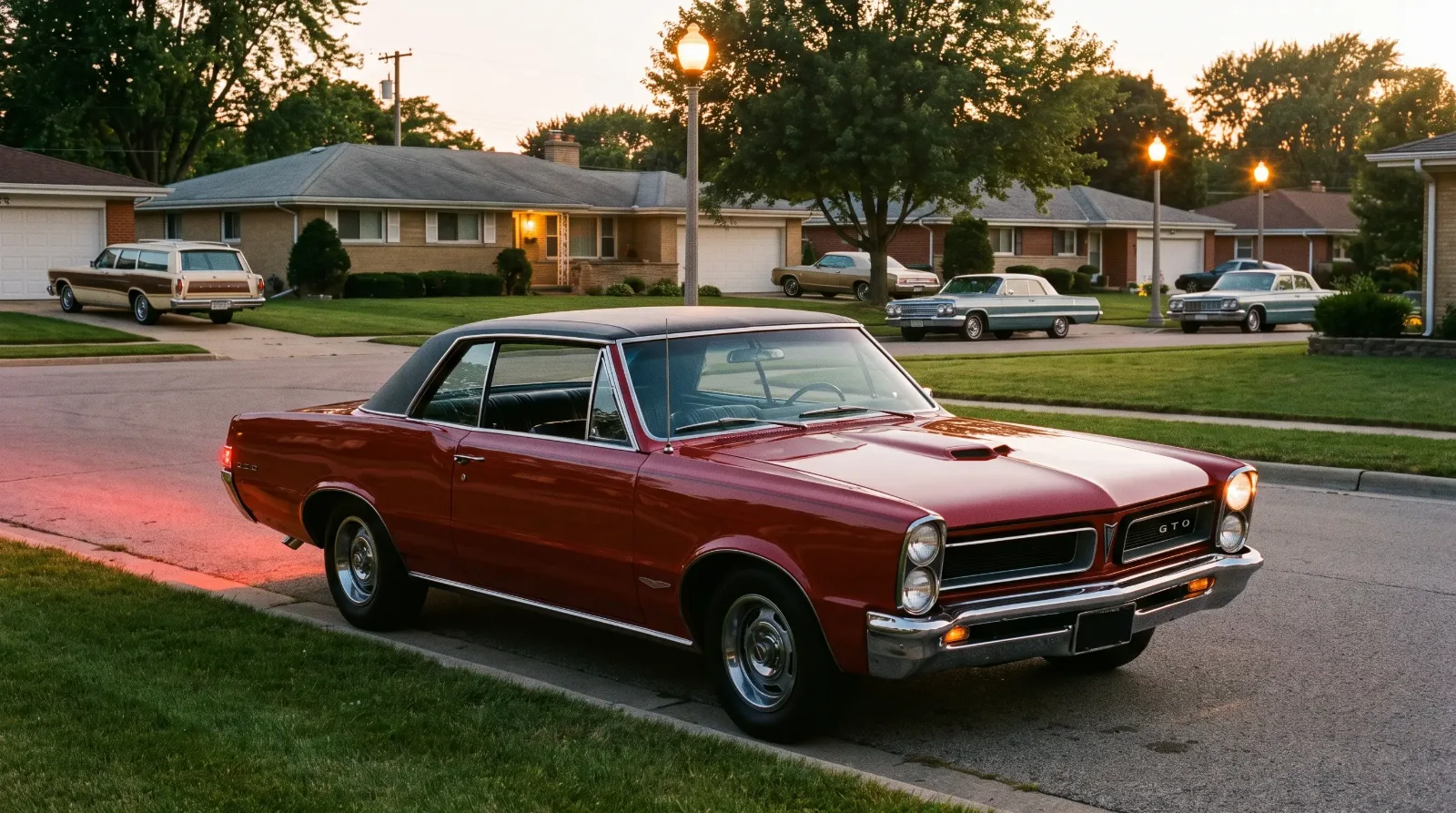 1965 GTO three-quarter view at dusk