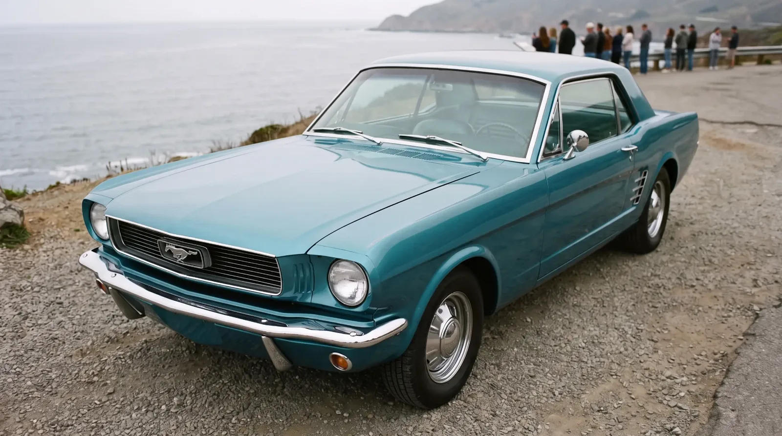 1966 Ford Mustang hardtop, parked at a coastal overlook