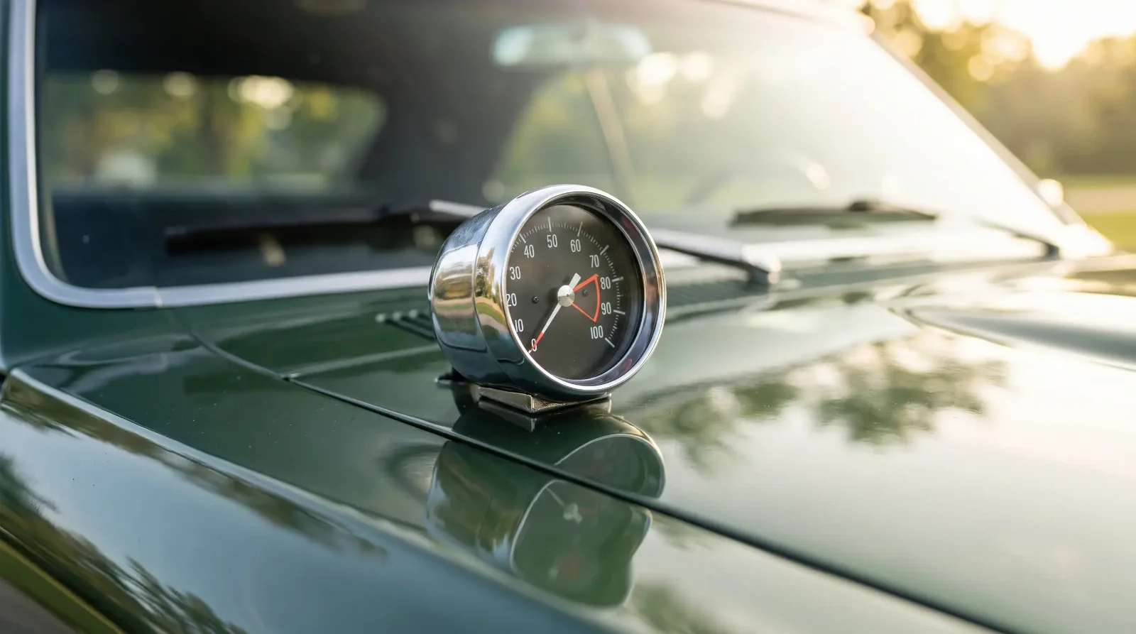1967 GTO hood-mounted tachometer detail