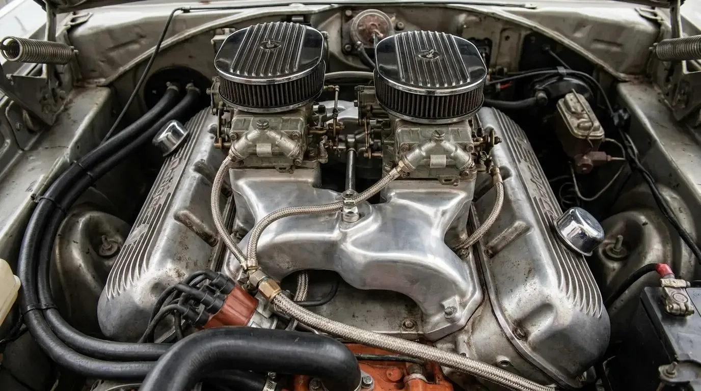 426 Hemi dual four-barrel cross-ram intake in a 1966 Dodge Charger