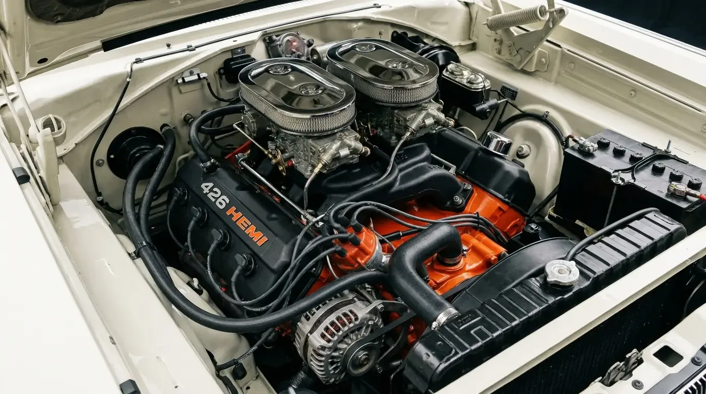1966 Dodge Charger 426 Street Hemi — dual-quad engine bay