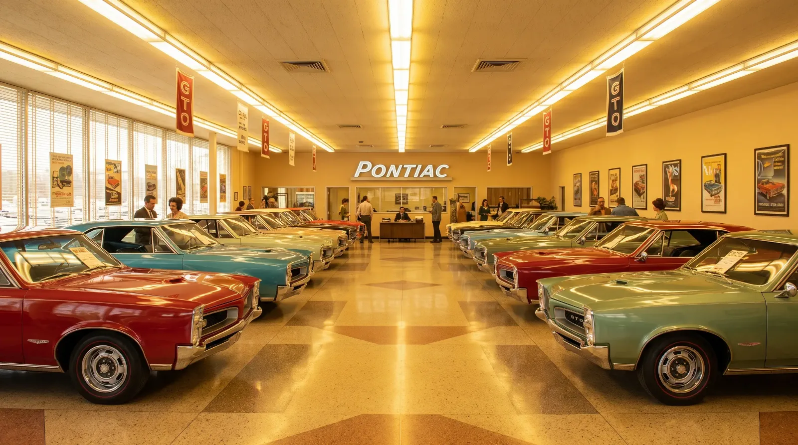 1966 Pontiac dealership showroom full of GTOs