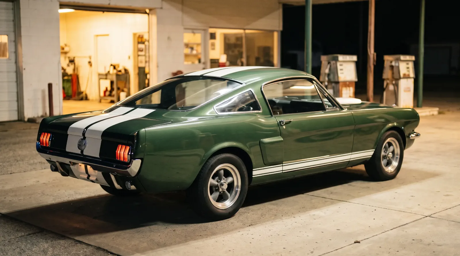 1966 Shelby GT350, parked at a gas station at night