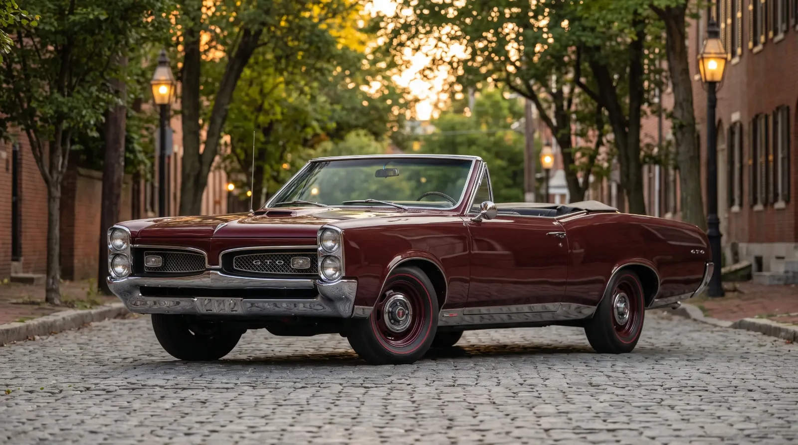 1967 GTO convertible top down at dusk