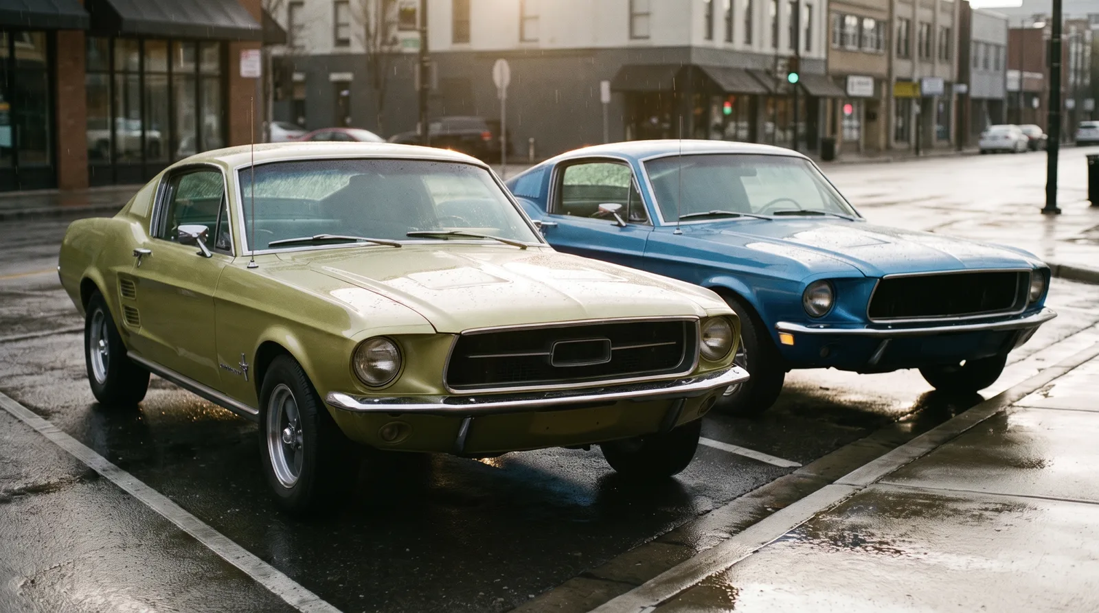 1967 and 1968 Ford Mustang fastbacks, parked side by side after rain