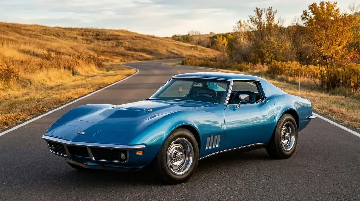 1968 Chevrolet Corvette C3 coupe in Le Mans Blue showing the dramatic first-year Mako Shark-inspired body with fastback roofline and tunneled rear quarter windows