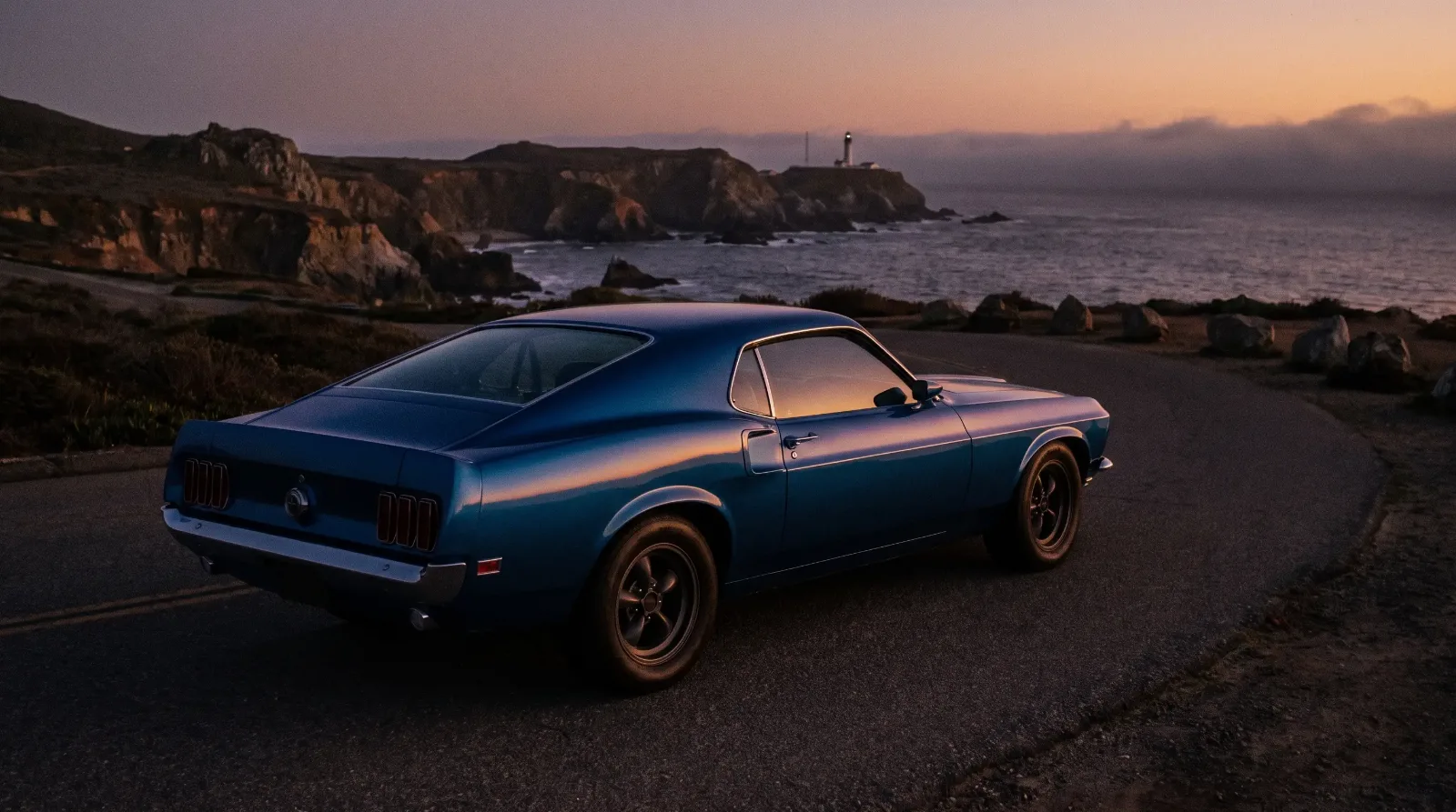 1969 Ford Mustang SportsRoof fastback at dusk