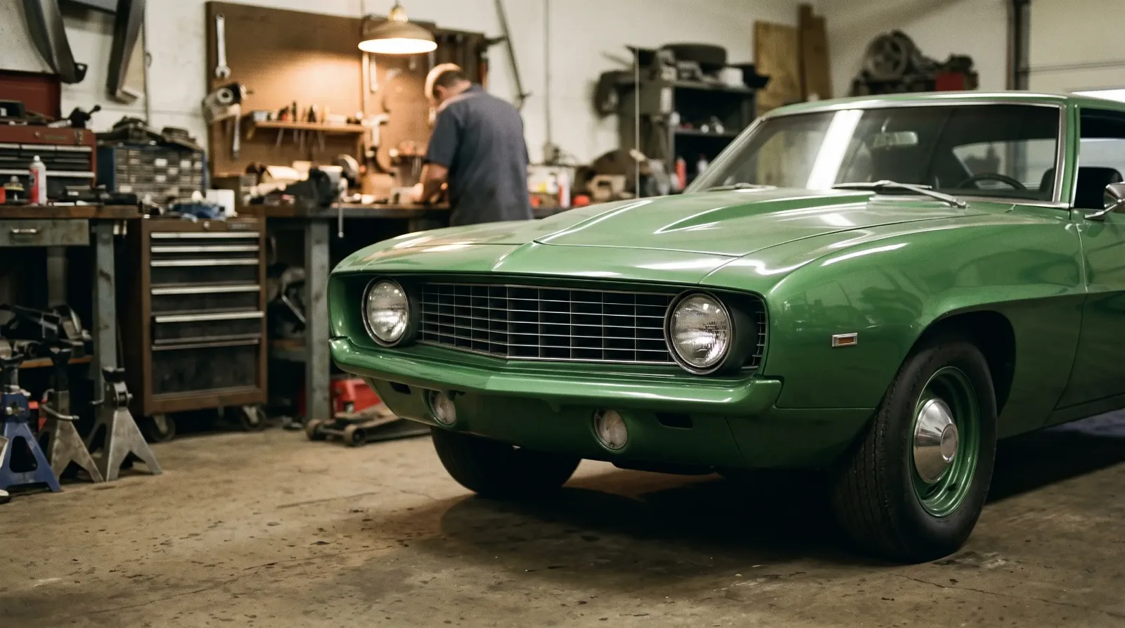 1969 Chevrolet Camaro, body-color bumper in a restoration shop