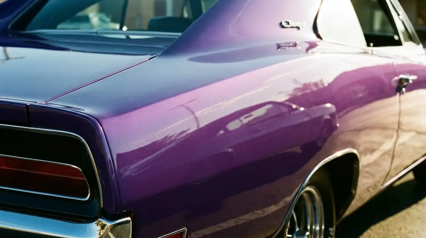 1969 Dodge Charger rear quarter in Plum Crazy purple High Impact paint