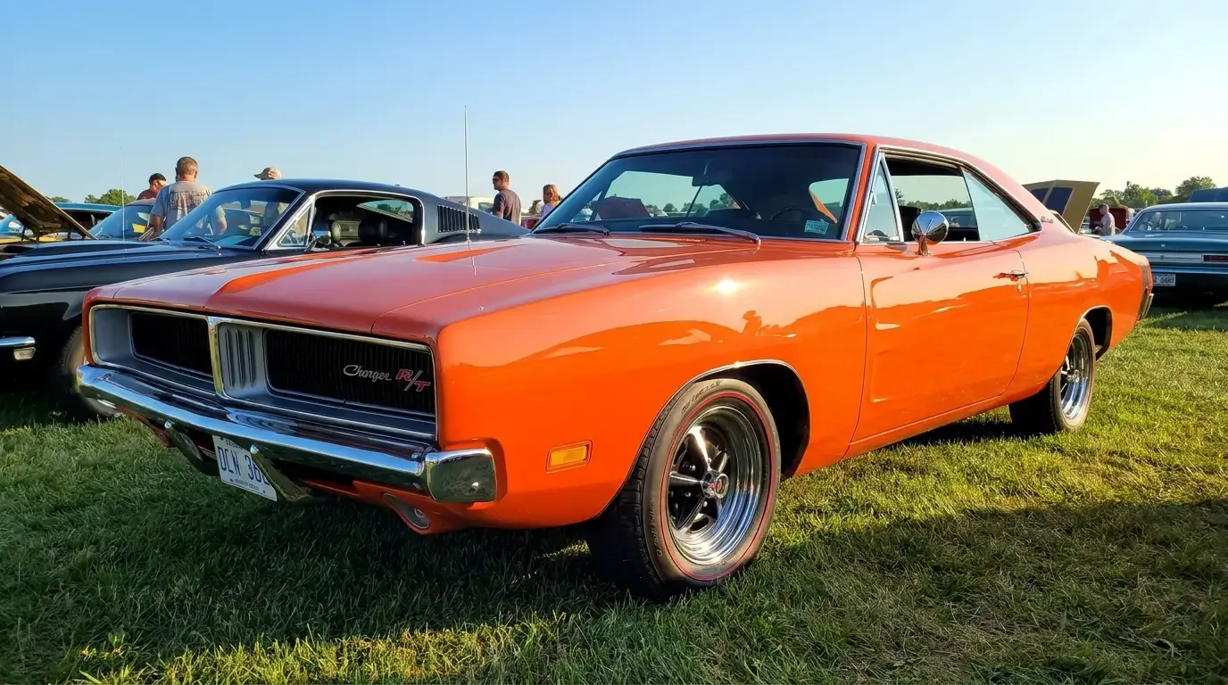 1969 Dodge Charger Hemi Orange - glossy paint at a car show