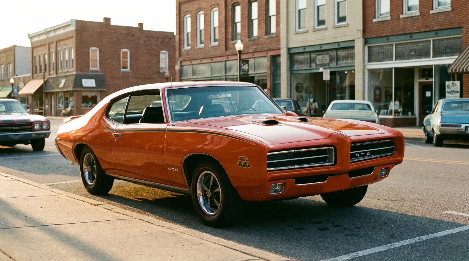 1969 GTO hardtop on period street golden hour