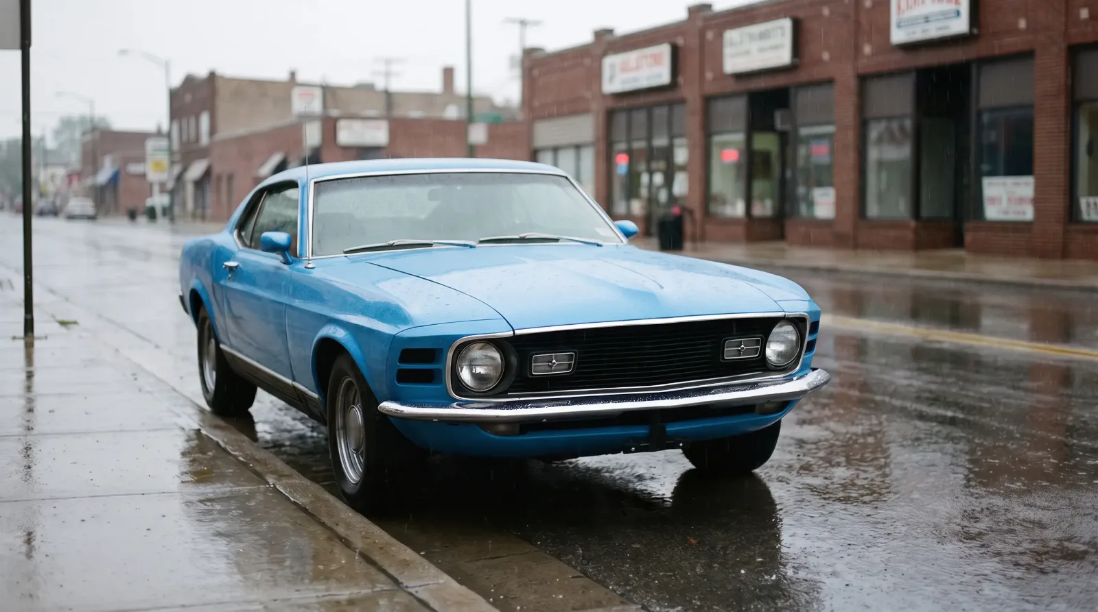 1970 Ford Mustang Mach 1, two headlamps and fender intakes on a rainy street