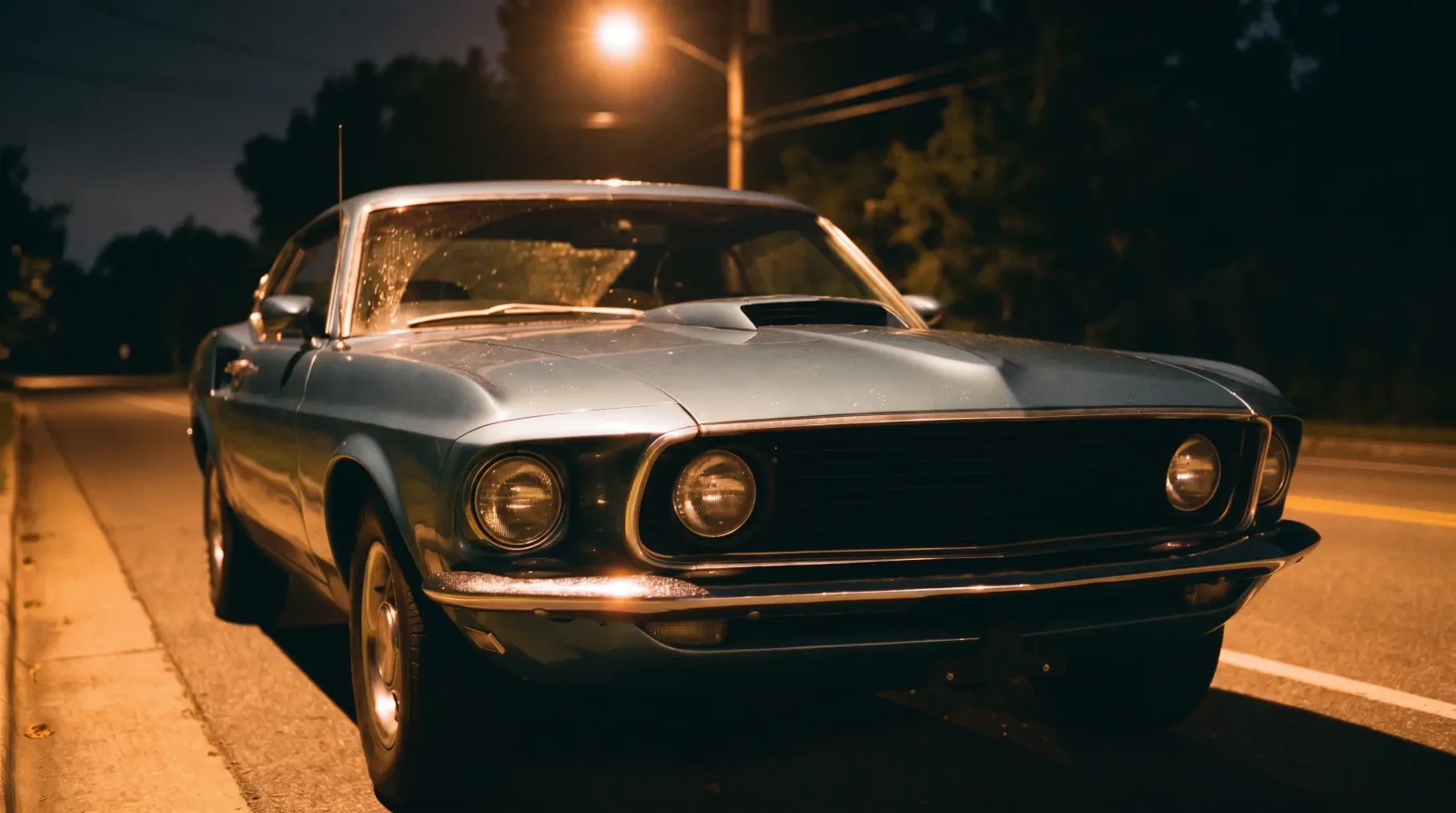 1969 Ford Mustang SportsRoof, four headlamps under a streetlight