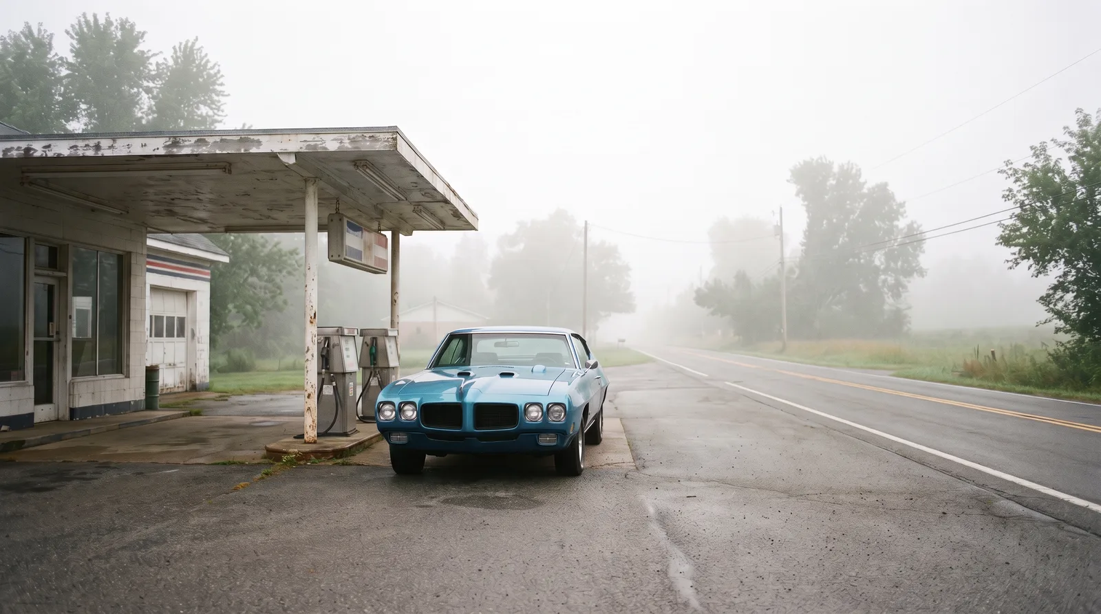 1970 Pontiac GTO, misty morning at an old gas station
