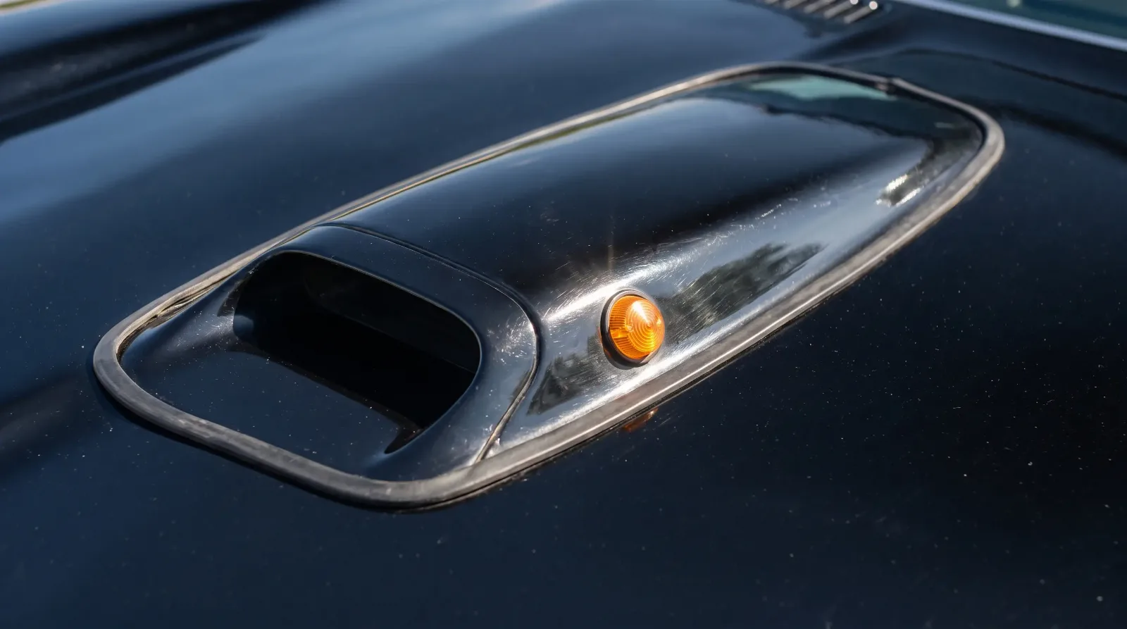 Amber turn signal lens set into GTO hood scoop