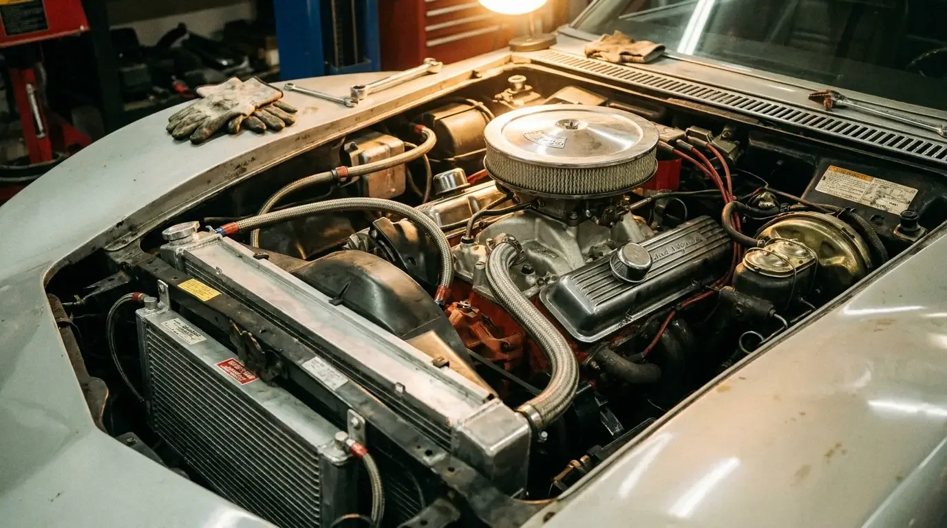 Engine bay detail of a 1970 Chevrolet Corvette ZR1 showing the LT1 350 cubic inch solid-lifter V8 with aluminum cylinder heads and competition cooling components