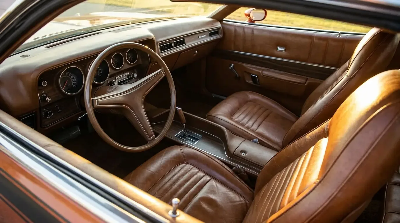 1971 Dodge Charger SE interior with leather buckets, console, and woodgrain trim